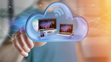 Görünüm bir cihazlar akıllı telefon, tablet veya bilgisayar gibi bir bulut içinde - 3d render görüntülenen.