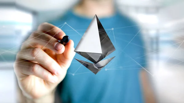 Ansicht Eines Geschäftsmannes Der Ein Zeichen Der Kryptowährung Ethereum Der — Stockfoto