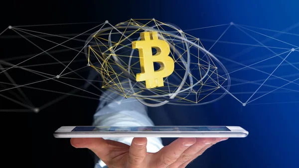 Bir Bağlantısı Render Uçan Bitcoin Kripto Para Birimi Işaretiyle Bir — Stok fotoğraf