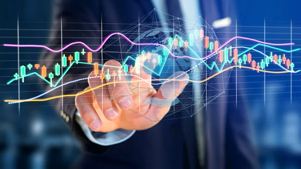 Перегляд Бізнесмена Тримає Рендеринг Інформація Про Біржову Торгівлю Даними Футуристичному — стокове фото