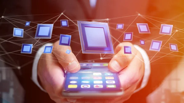 Vista Empresario Usando Smartphone Con Chip Procesador Conexión Red Render — Foto de Stock