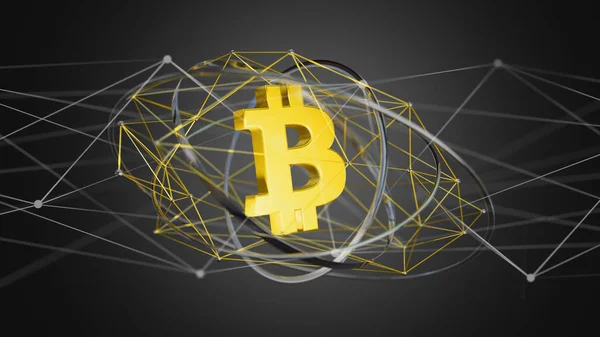 Vista Signo Moneda Criptomoneda Bitcoin Volando Alrededor Una Conexión Red — Foto de Stock