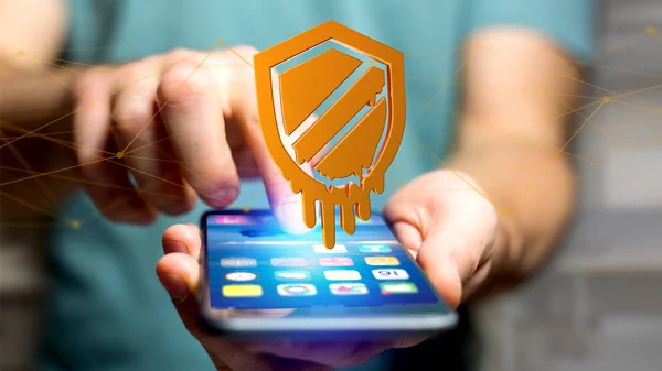 Vista Empresário Usando Smartphone Com Ataque Processador Meltdown Com Conexão — Fotografia de Stock