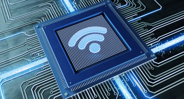 View of a CPU processor chip with a wifi logo and network connection on a circuit board - 3d render