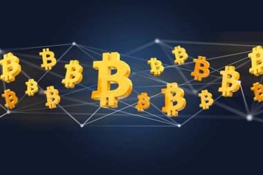 Bir ağ bağlantısı - 3d render uçan Bitcoin işareti görünümünü