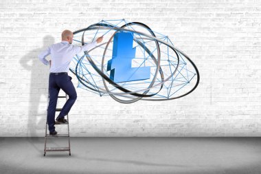 Bir duvar bir ağ bağlantı - 3d render uçan Litecoin Kripto para birimi işaretiyle önünde bir işadamı görünümünü