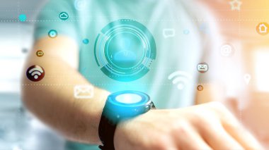 App ve sosyal simge tarafından - 3d render çevreleyen bir kişi simgesi tutan bir işadamı görünümünü 