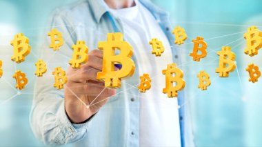 Bir ağ bağlantısı - 3d render uçan bir Bitcoin işareti görünümünü