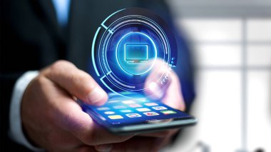 Bir smartphone - 3d render bir parlak teknolojik bilgisayar düğmesini kullanarak bir işadamı görünümünü