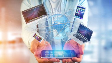 Bir bilgisayar ve uluslararası ağ - 3d render ile bir smartphone arabiriminde gösterilen aygıtlar tutan bir işadamı görünümünü
