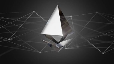 View of a Ethereum crypto currency sign flying around a network connection - 3d render clipart