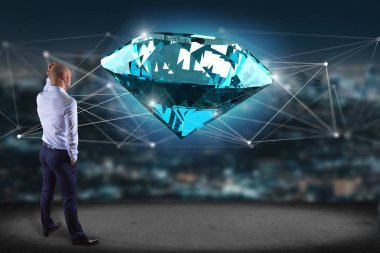 Bir işadamı bir duvar bağlantıları - 3d render önünde shinning elmas önünde görünümünü