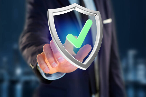 View of Shield symbol displayed on futuristic interface - 3d rendering