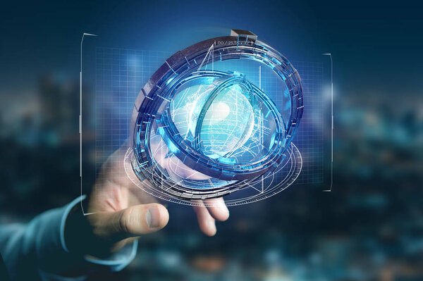 View of Hologram made of wheels with futuristic finance data interface - 3d render