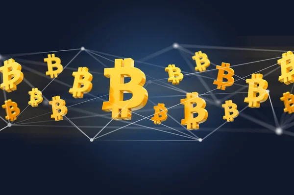 Ansicht Des Bitcoin Schildes Das Eine Netzwerkverbindung Fliegt Render — Stockfoto