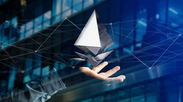 Bir ağ bağlantısı - 3d render uçan bir Ethereum Kripto para birimi işaret tutan bir işadamı görünümünü