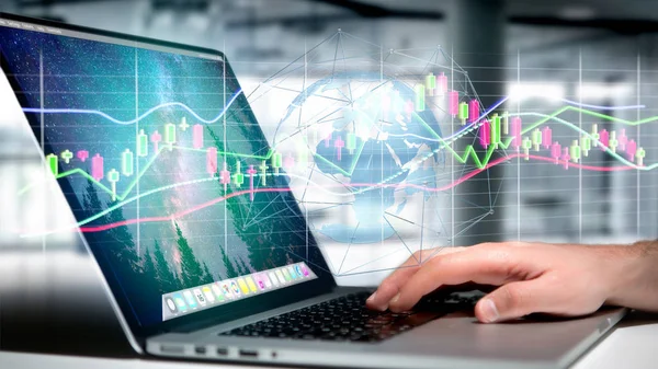 Vista Uomo Affari Possesso Rendering Borsa Dati Trading Display Interfaccia — Foto Stock