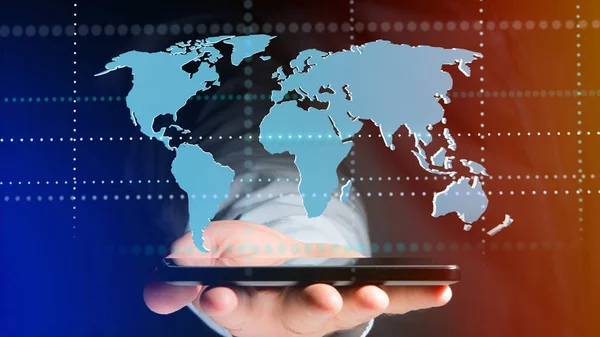 Vista Empresário Usando Smartphone Com Mapa Mundo Conectado Renderização — Fotografia de Stock