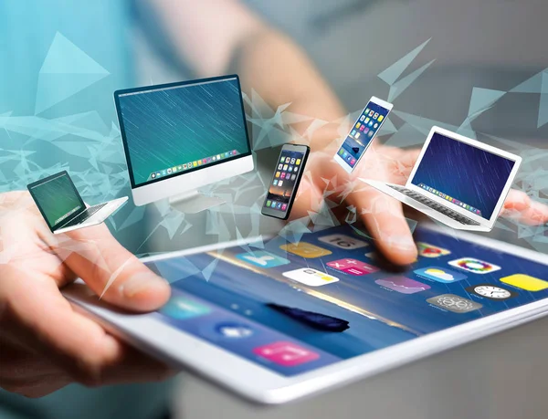 View Computer Devices Displayed Futuristic Interface Multimedia Technology Concept — Stock Photo, Image