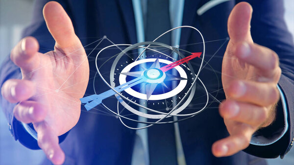 Вид бизнесмена, держащего навигационный компас - 3d рендеринг
