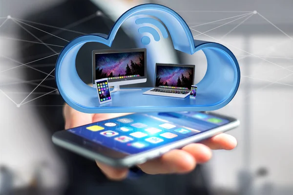 Προβολή Του Συσκευές Όπως Smartphone Tablet Υπολογιστή Εμφανίζεται Ένα Σύννεφο — Φωτογραφία Αρχείου