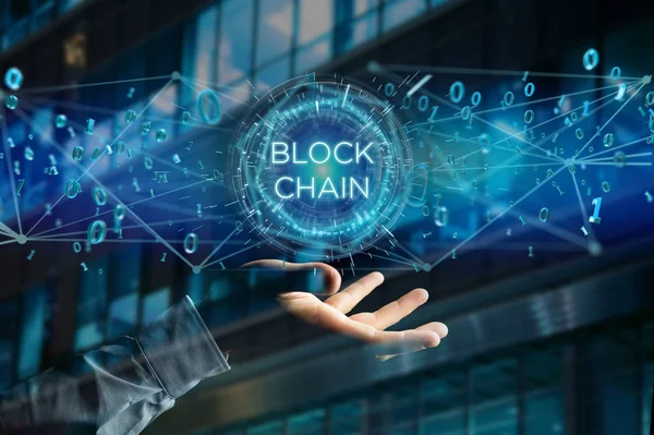 Blockchain Titel Med Och Data Flyger Över — Stockfoto