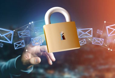 Bir renk arka plan - 3d render izole bir asma kilit güvenlik bağlantı görünümü