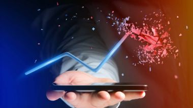 Businessman using smartphone with Financial arrow going up and explosing at the end - 3d rendering clipart