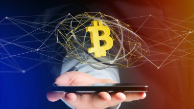 Bir ağ bağlantısı - 3d render uçan Bitcoin Kripto para birimi işaretiyle bir smartphone kullanarak bir işadamı görünümünü