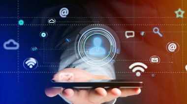Bir akıllı telefon app ve sosyal simge tarafından - 3d render çevreleyen bir kişi simgesi kullanarak bir işadamı görünümünü 