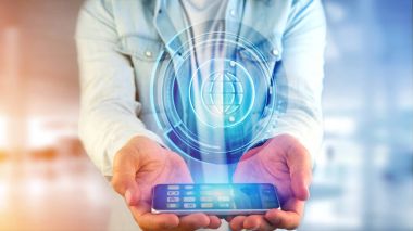 Bir işadamı bir parlak teknolojik dünya ile bir smartphone kullanarak görünümünü düğme - 3d render