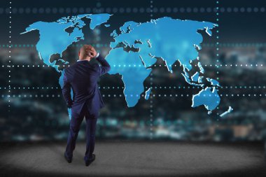 İşadamı üniforma üzerinde görünümü bağlı dünya harita ile duvar önünde arka plan - 3d render