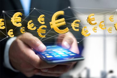 Bir ağ bağlantı - 3d render uçan bir Euro simgesinin görünümünü