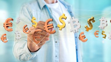 Dolar, Euro ve Bitcoin işaretler bir ağ bağlantı - 3d render uçan görünümünü