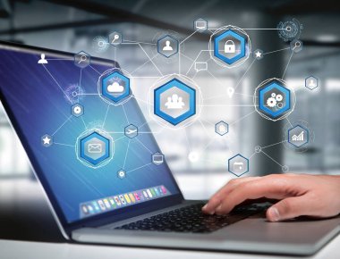 Teknoloji simgesi ve küre küre - Dünya çapında iş kavramı futuristik bir arabirim üstünde görüntülenen bir uluslararası iş ağ bağlantısının görünümü