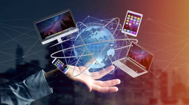 Bir bilgisayar ve uluslararası ağ - 3d render ile bir futuristik arabiriminde gösterilen aygıtlar tutan bir işadamı görünümünü