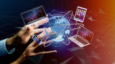 Bir bilgisayar ve uluslararası ağ - 3d render ile bir futuristik arabiriminde gösterilen aygıtlar tutan bir işadamı görünümünü