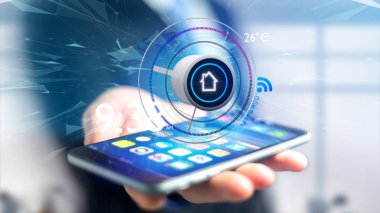 Bir akıllı ev otomasyon uygulaması bir düğme bir smartphone-3d render üzerinde tutan bir işadamı görünümünü