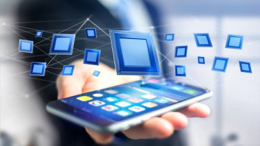 Bir işadamı bir işlemci çip ve ağ bağlantı - 3d render ile bir smartphone kullanarak görünümünü