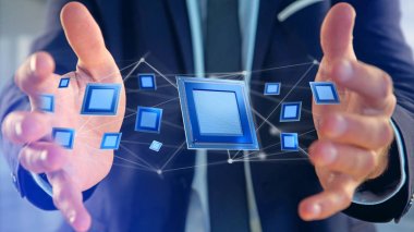 İşlemci çip ve ağ bağlantı - 3d render görünümünü