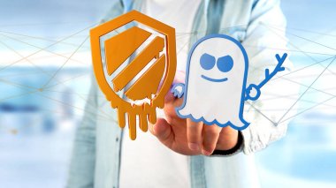 Meltdown ve Spectre işlemci krizi ağ bağlantı - 3d render ile tutarak bir işadamı görünümünü