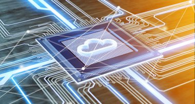 Cpu işlemci yongası ile bir devre kartı - 3d render bulut ve ağ bağlantısında görünümünü
