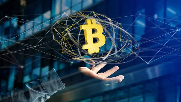 Bir Bağlantısı Render Uçan Bir Bitcoin Kripto Para Birimi Işaret — Stok fotoğraf