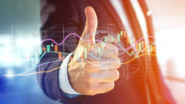 Bir 3d tutan işadamı veri bilgi görüntülenmesini futuristik bir arayüze Ticaret Borsası render