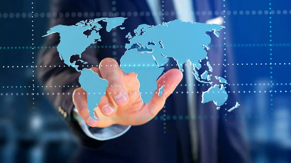 View of a Businessman holding a Connected world map on a futuristic interface - 3d render