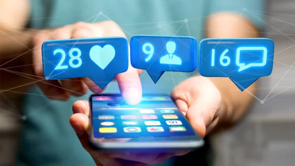 -3d render ağ görünümü gibi bir takipçisi ve mesaj bildirim sosyal bir smartphone kullanarak bir işadamı