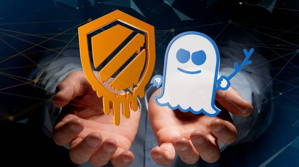 View Businessman Holding Meltdown Spectre Processor Attack Network Connection Render — Stock Photo, Image