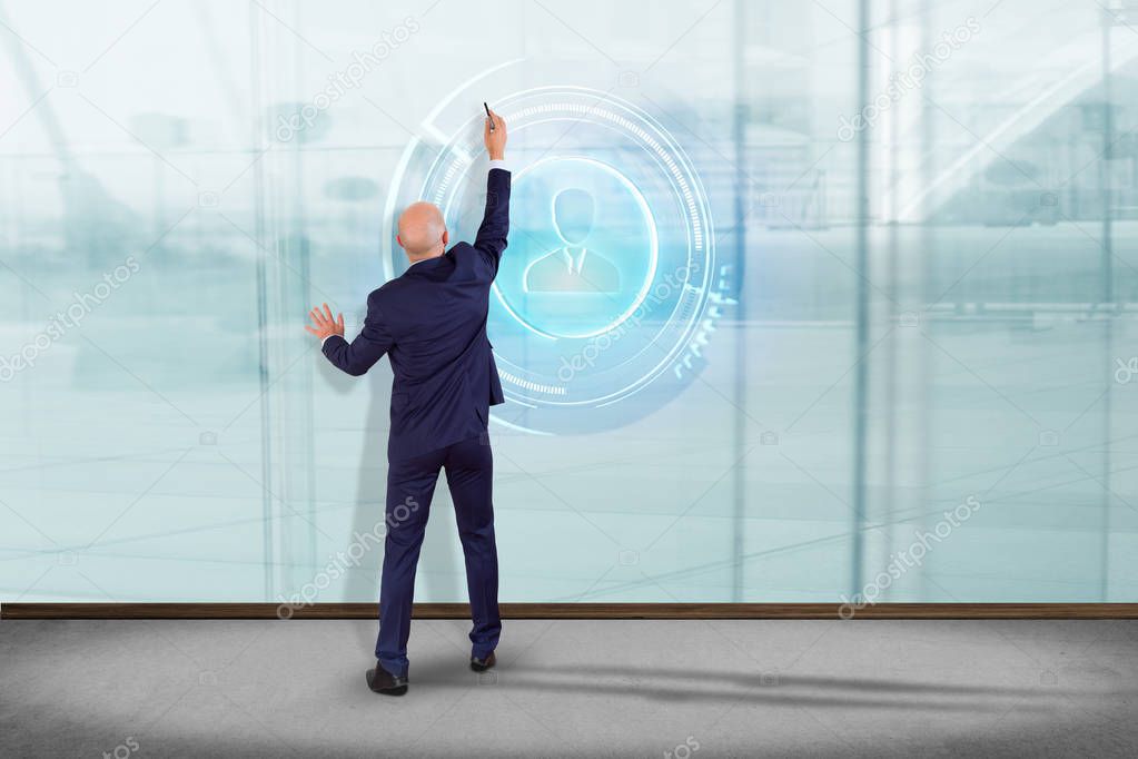 Businessmanin front of wall with Shinny technologic network contact button - 3d render