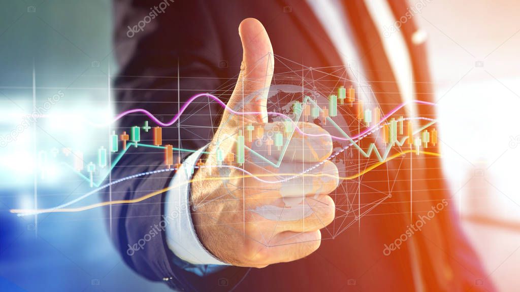 Businessman holding a 3d render Stock exchange trading data information display on a futuristic interface