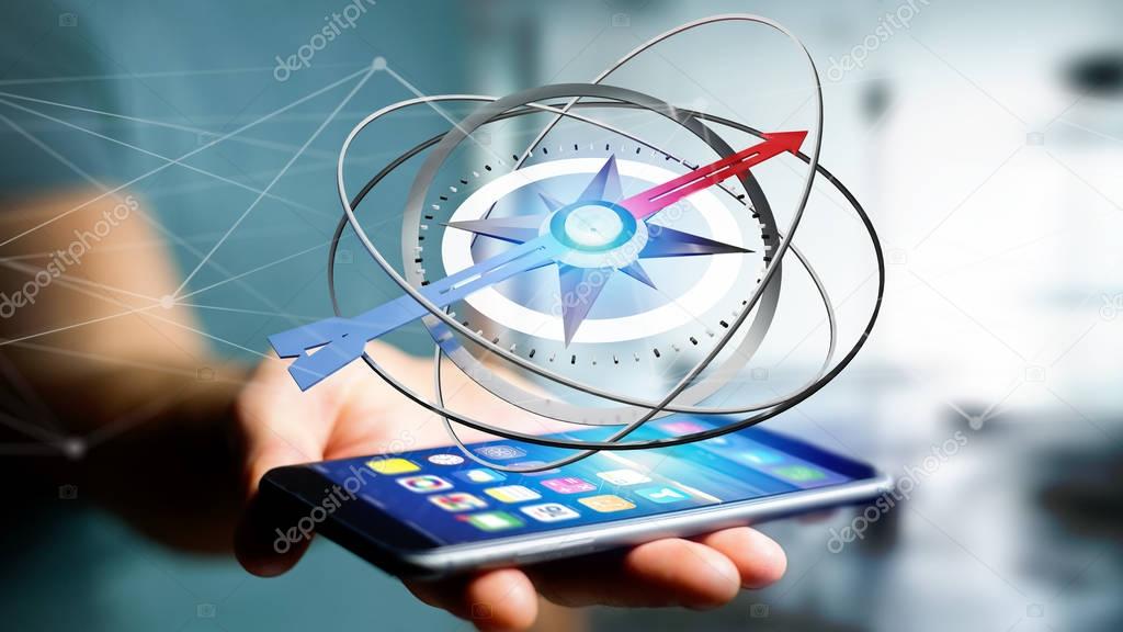 View of a Business man using a navigation compass on a smartphone - 3d rendered